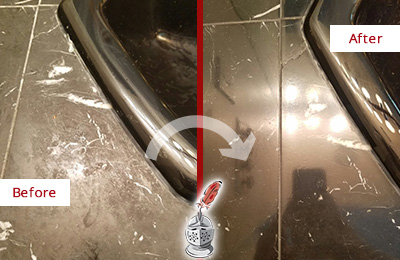 Before and After Picture of a Bokeelia Marble Countertop Cleaned to Remove Deep Dirt