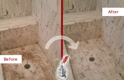 Sir Grout Cleans this Dirty Goodland Marble Shower to Eliminate Dark Stains Before and After Picture of a Dirty Goodland Marble Shower Cleaned to Eliminate Dark Stains