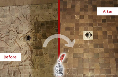 Sir Grout Cleans this Stained Goodland Shower Marble Floor to Remove Etch Marks Before and After Picture of a Stained Goodland Marble Shower Floor Cleaned to Remove Etching