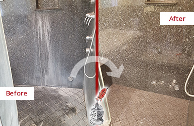 Sir Grout Cleans this Goodland Granite Shower to Remove Mineral Deposits Before and After Picture of a Goodland Granite Shower Cleaned to Remove Mineral Deposits