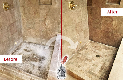 Sir Grout Cleans this Goodland Travertine Shower to Eliminate Water Spots Before and After Picture of a Goodland Travertine Shower Cleaned to Eliminate Water Spots