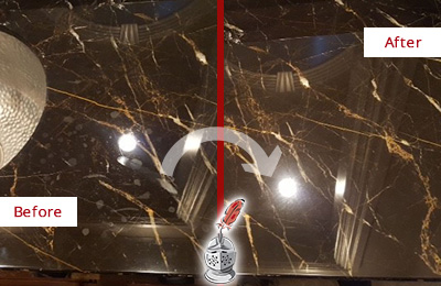 Sir Grout Cleans this Goodland Marble Countertop to Remove Water Spots Before and After Picture of a Goodland Marble Countertop Cleaned to Remove Water Spots
