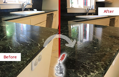 Sir Grout Seals the Stone of this Solana Granite Kitchen Countertop For Extra Protection Before and After Picture of a Solana Granite Kitchen Countertop Stone Sealed For Extra Protection