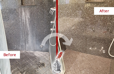 Before and After Picture of a Matlacha Granite Shower Stone Sealed to Avoid Mineral Deposits
