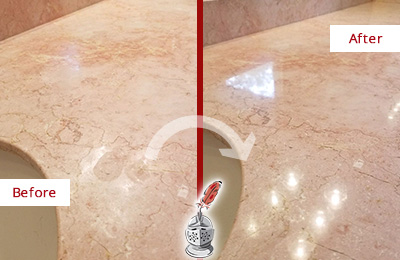Sir Grout Seals this Solana Marble Stone Vanity Top to to Avoid Water Marks Before and After Picture of a Solana Marble Stone Vanity Top Sealed to Avoid Water Marks