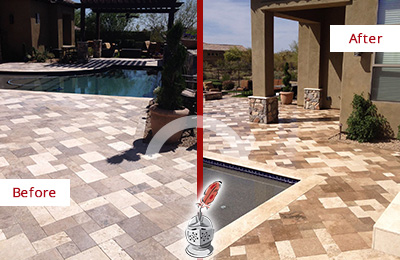 Sir Grout Seals the Stone of this Solana Travertine Patio Stone for Extra Protection Before and After Picture of a Solana Travertine Patio Sealed Stone for Extra Protection