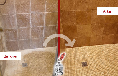 Before and After Picture of a Golden Gate Travertine Shower Honed to Remove Mineral Deposits