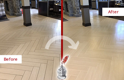Sir Grout Restored This Pine Manor Office Lobby Tile Floor to Remove Embedded Dirt Before and After Picture of a Pine Manor Hard Surface Restoration Service on an Office Lobby Tile Floor to Remove Embedded Dirt