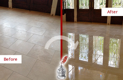 Sir Grout Restored This Pine Manor Dull Travertine Floor to Recover Its Splendor with a Stone Polishing Service Before and After Picture of a Pine Manor Hard Surface Restoration Service on a Dull Travertine Floor Polished to Recover Its Splendor