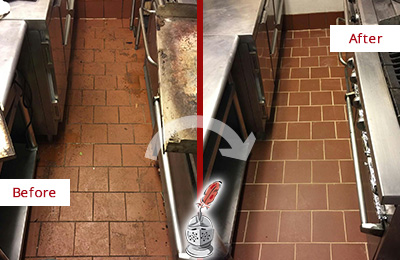 Before and After Picture of a Matlacha Isles Hard Surface Restoration Service on a Restaurant Kitchen Floor to Eliminate Soil and Grease Build-Up