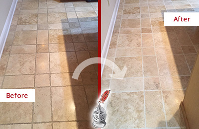 Sir Grout Cleans this Chokoloskee Kitchen Floor's Grout to Recover Its Color Before and After Picture of Chokoloskee Kitchen Floor Grout Cleaned to Recover Its Color