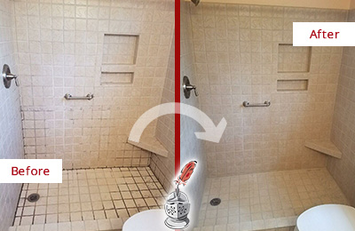Before and After Picture of a Matlacha Isles Shower Grout Cleaned to Remove Mold