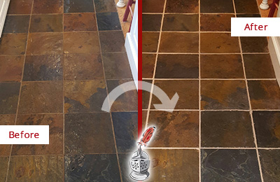 Sir Grout Cleans the Grout on this Chokoloskee Slate Floor Before and After Picture of Chokoloskee Slate Floor Grout Cleaned to Remove Dirt