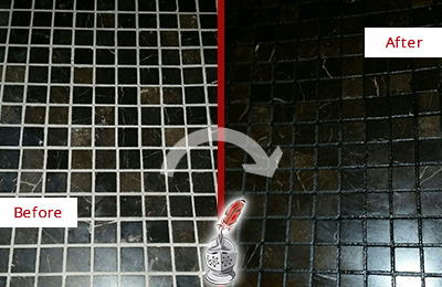 Sir Grout Recolored the Grout of this Cleveland Black Tile Floor Before and After Picture of a Cleveland Black Floor with Recolored Grout