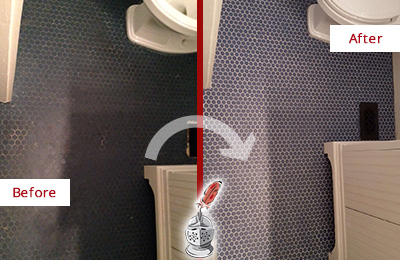 Sir Grout Recolors the Grout on this Cleveland Blue Tile Floor Before and After Picture of a Cleveland Blue Tile Floor Recolored Grout