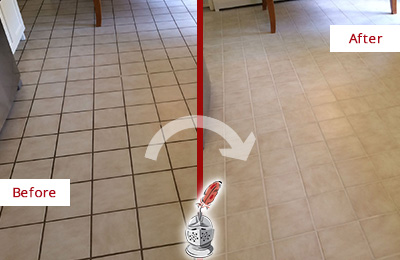 Sir Grout Recolors this Cleveland Kitchen Tile Floor's Grout Before and After Picture of a Cleveland Kitchen Tile Floor with Recolored Grout