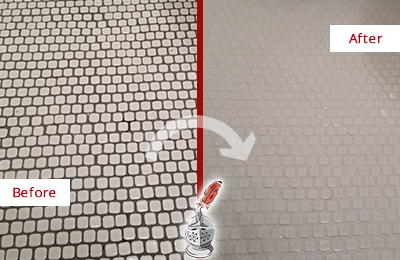 Sir Grout Recolors the Grout of this Cleveland White Mosaic Tile Before and After Picture of a Cleveland White Mosaic Tile Recolored Grout