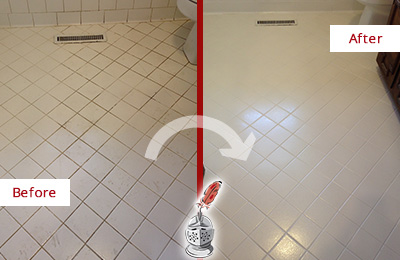 Before and After Picture of a Matlacha White Bathroom Floor Grout Sealed for Extra Protection
