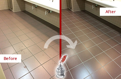 Sir Grout Seals the Grout on this Vineyards Office Restroom to Refresh Its Look Before and After Picture of Dirty Vineyards Office Restroom with Sealed Grout