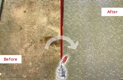 Sir Grout Cleans this Bokeelia Mosaic Shower Cleaned to Eliminate Embedded Dirt Before and After Picture of a Bokeelia Mosaic Shower Cleaned to Eliminate Embedded Dirt
