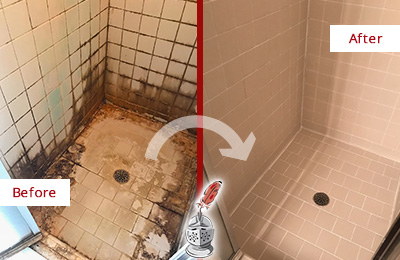 Sir Grout Cleans this Bokeelia Ceramic Shower to Remove Grime Before and After Picture of a Bokeelia Ceramic Shower Cleaned to Remove Grime